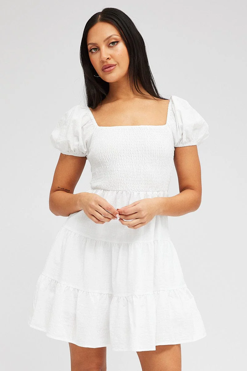 White Fit and Flare Dress Short Sleeve Shirred