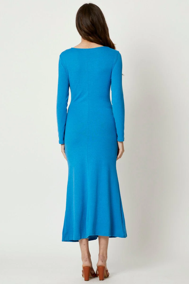 Blue Gathered Front Midi Dress