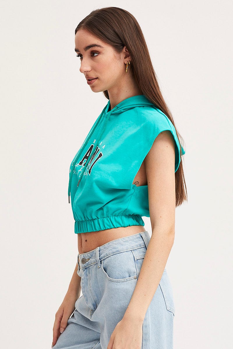 Green Crop Hooded Sweat Short Sleeve