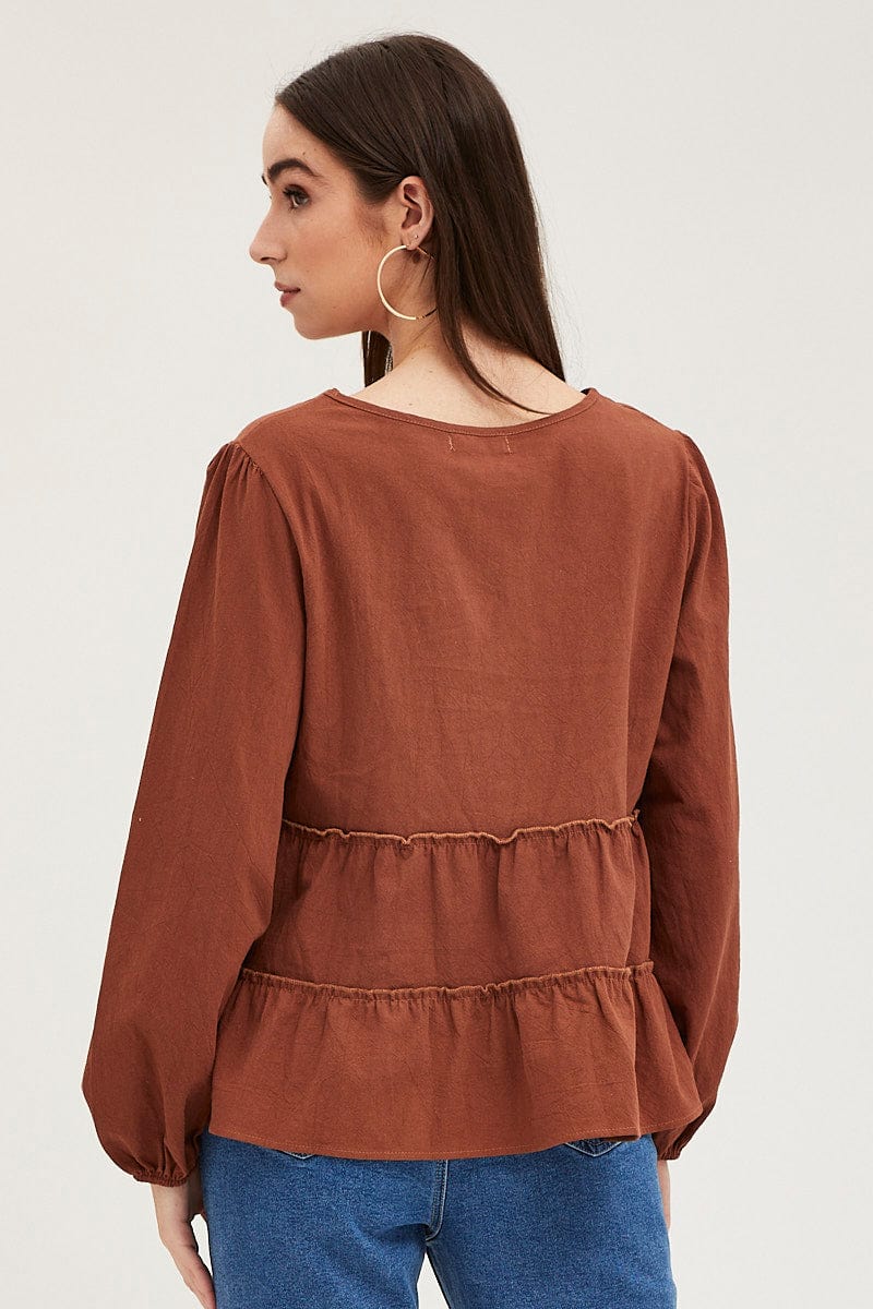 Brown Ruffle Top Long Sleeve