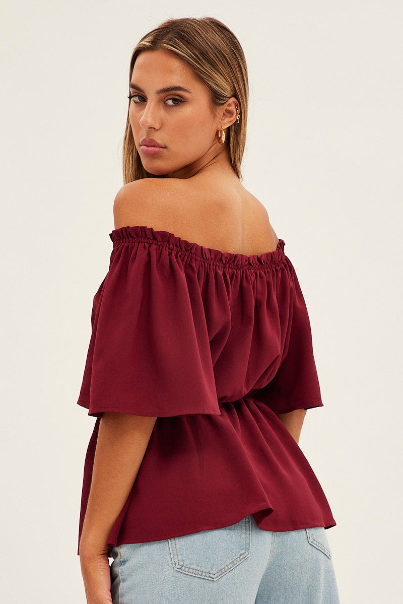 Red Top Short Sleeve Off Shoulder Longline Flutter