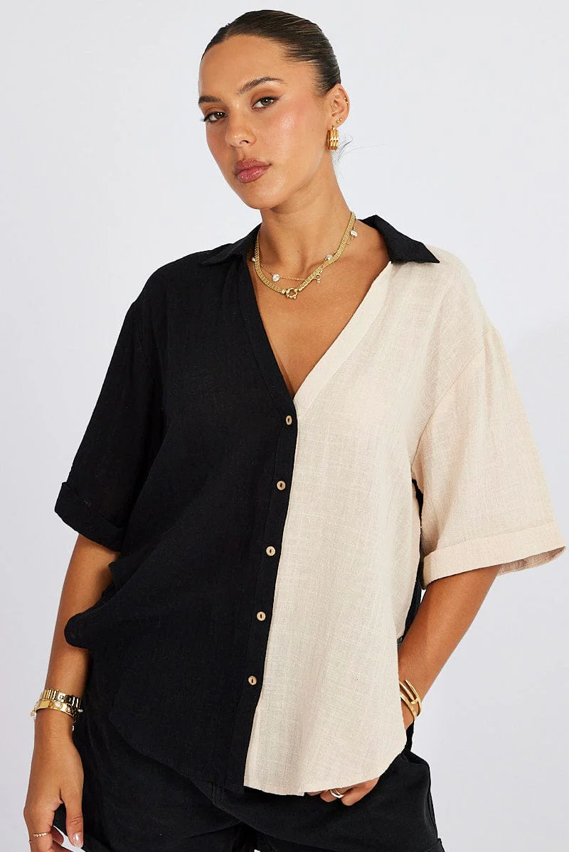 Black Colour Block Shirt Half Sleeve Relaxed Linen