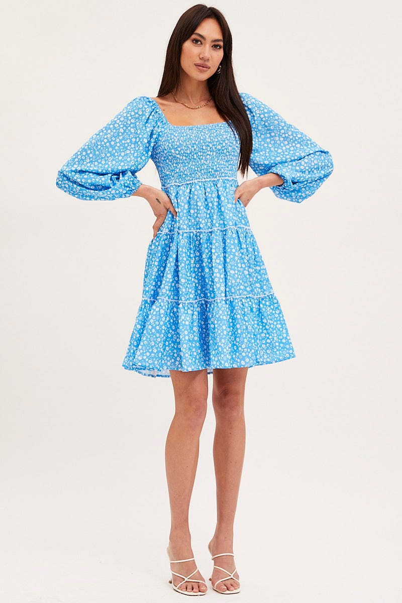 Print Fit And Flare Dress Long Sleeve Square Neck