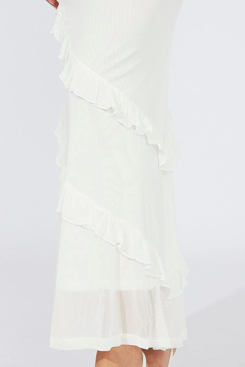 White Maxi Skirt Mesh Asymmetric Ruffle