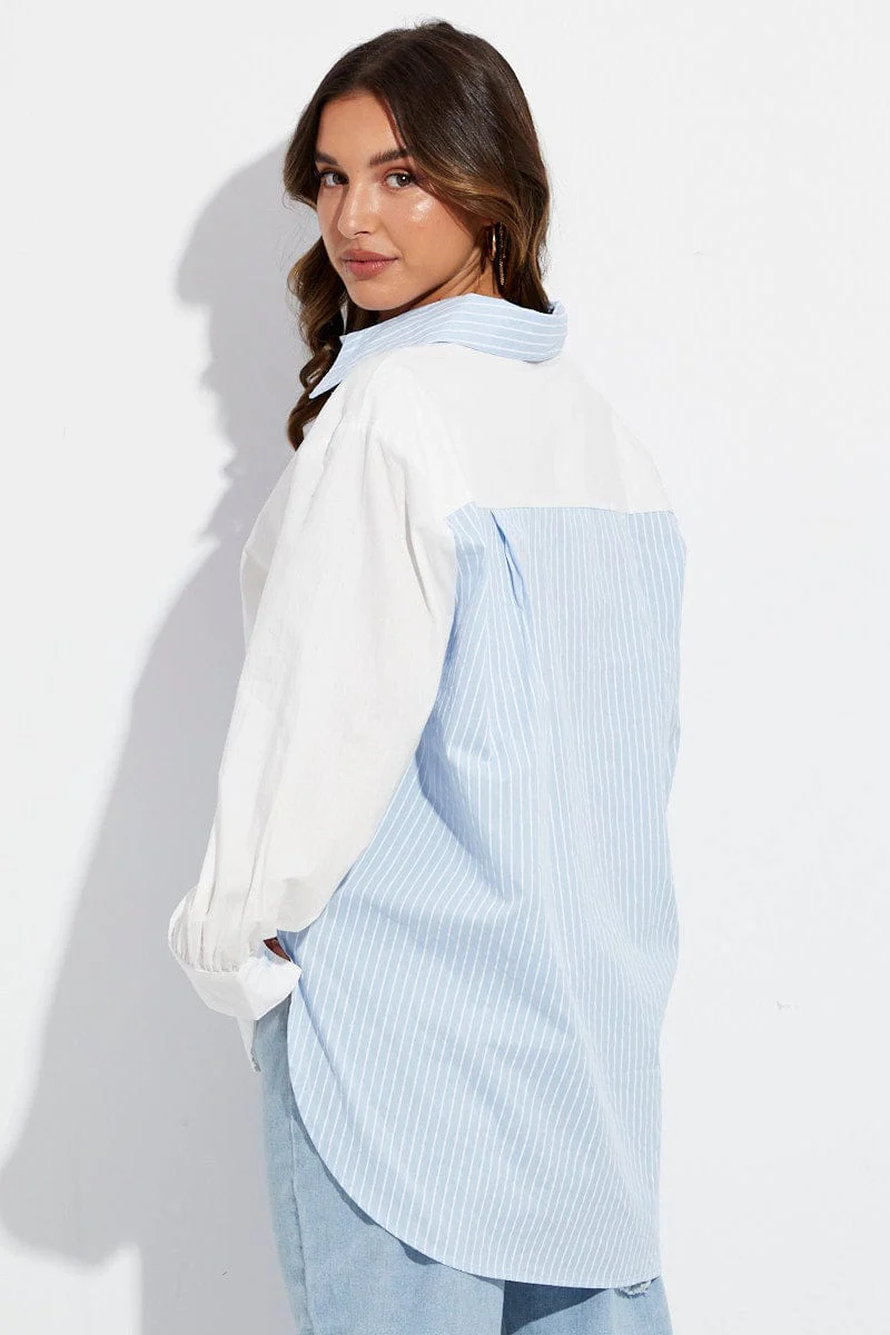 Blue Stripe Shirt Long Sleeve Collar Colour Block