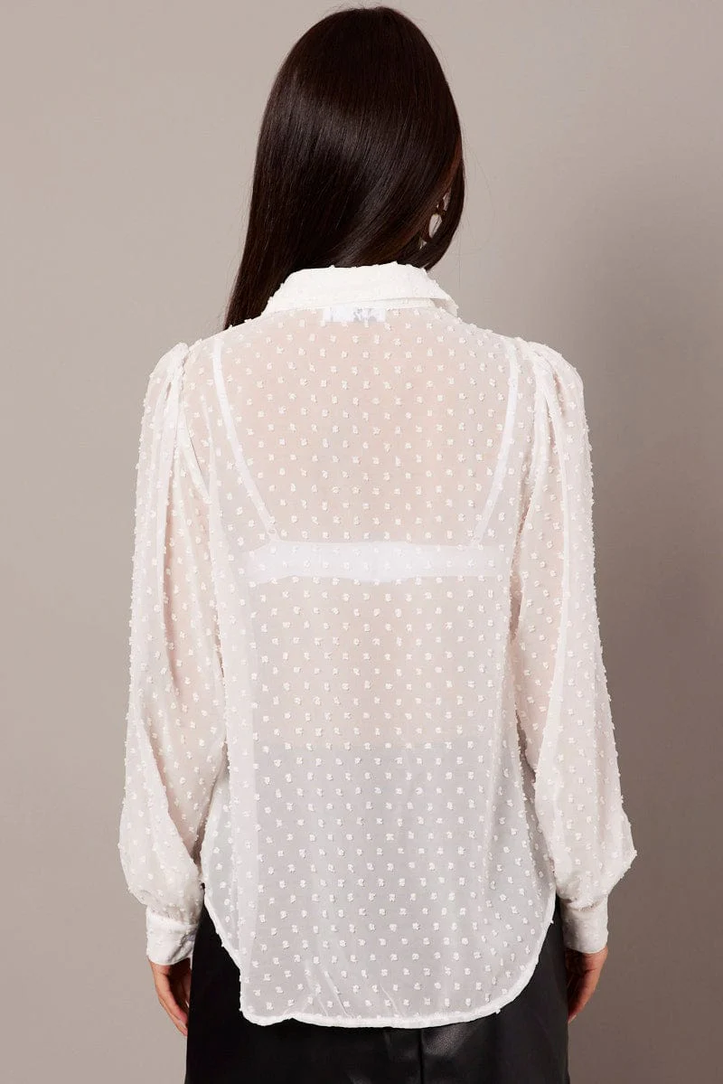 White Shirt Long Sleeve Self Dot
