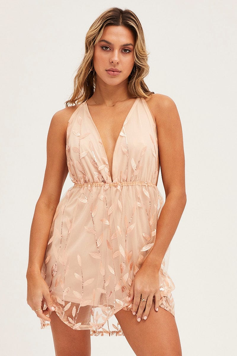 Beige Skater Sequin Dress Backless V Neck