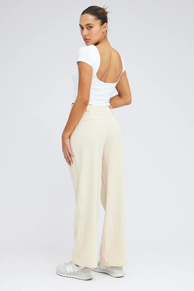 Beige Wide Leg Pants High Rise