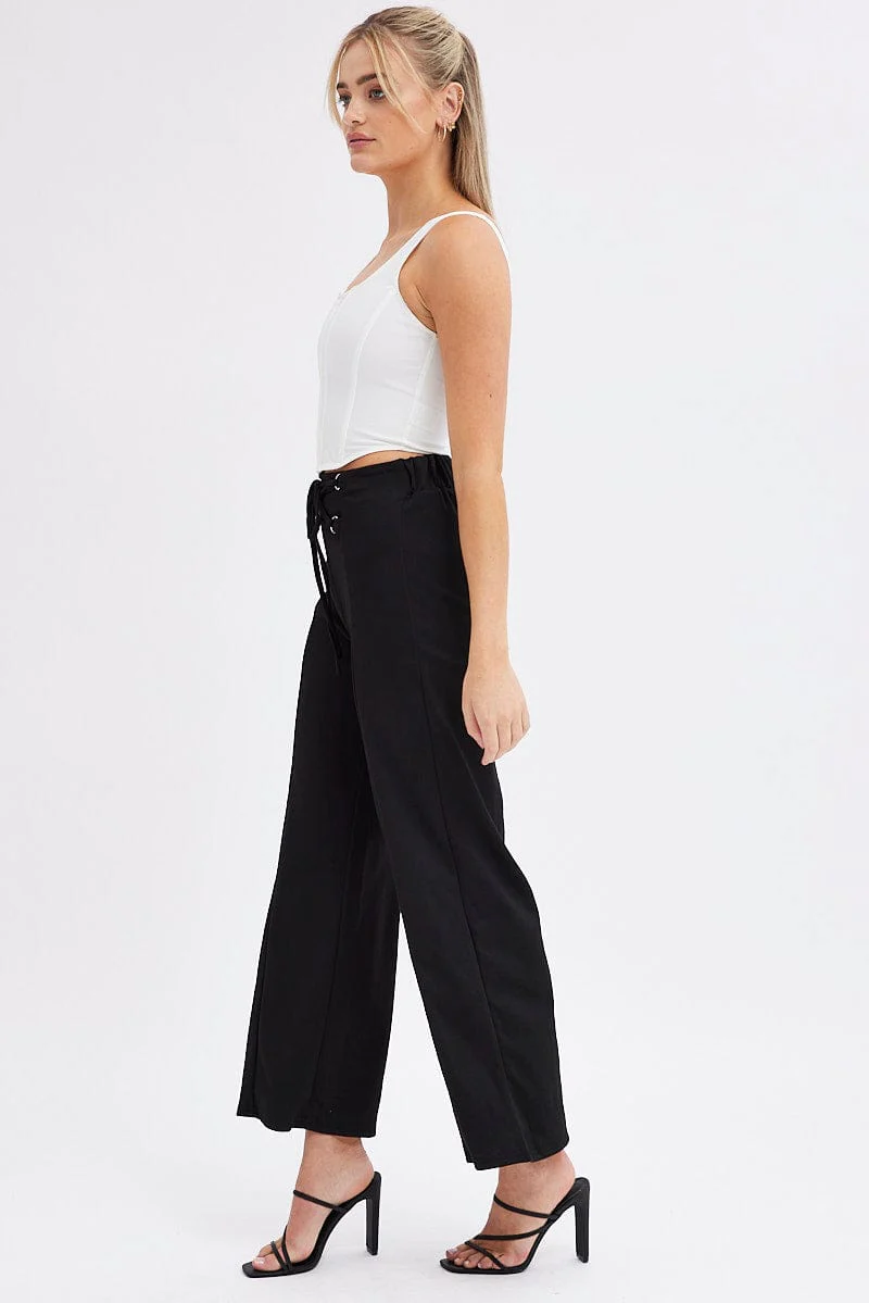 Black Straight Leg Pants High Rise Lace Up Jersey