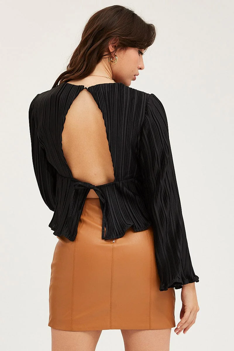 Black Plisse Top Long Sleeve