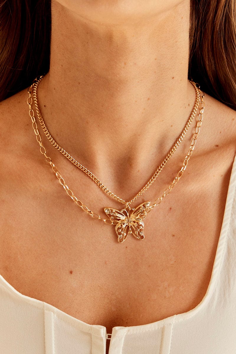 Gold Butterfly Layered Pendant Necklace