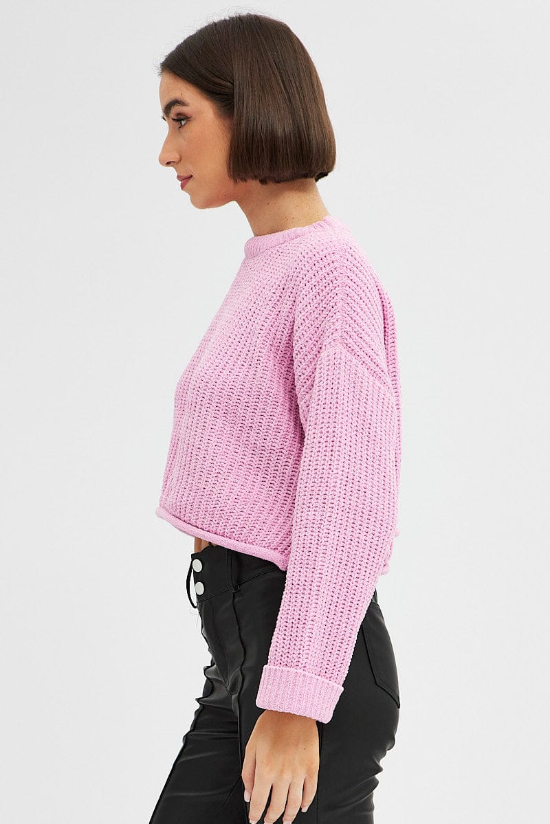 Pink Knit Top Long Sleeve Crop Relaxed