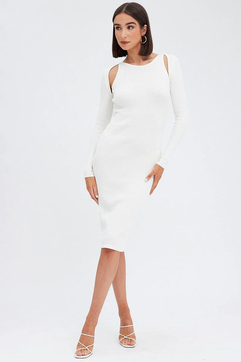 White Midi Dress Long Sleeve Keyhole Bodycon Rib Knit