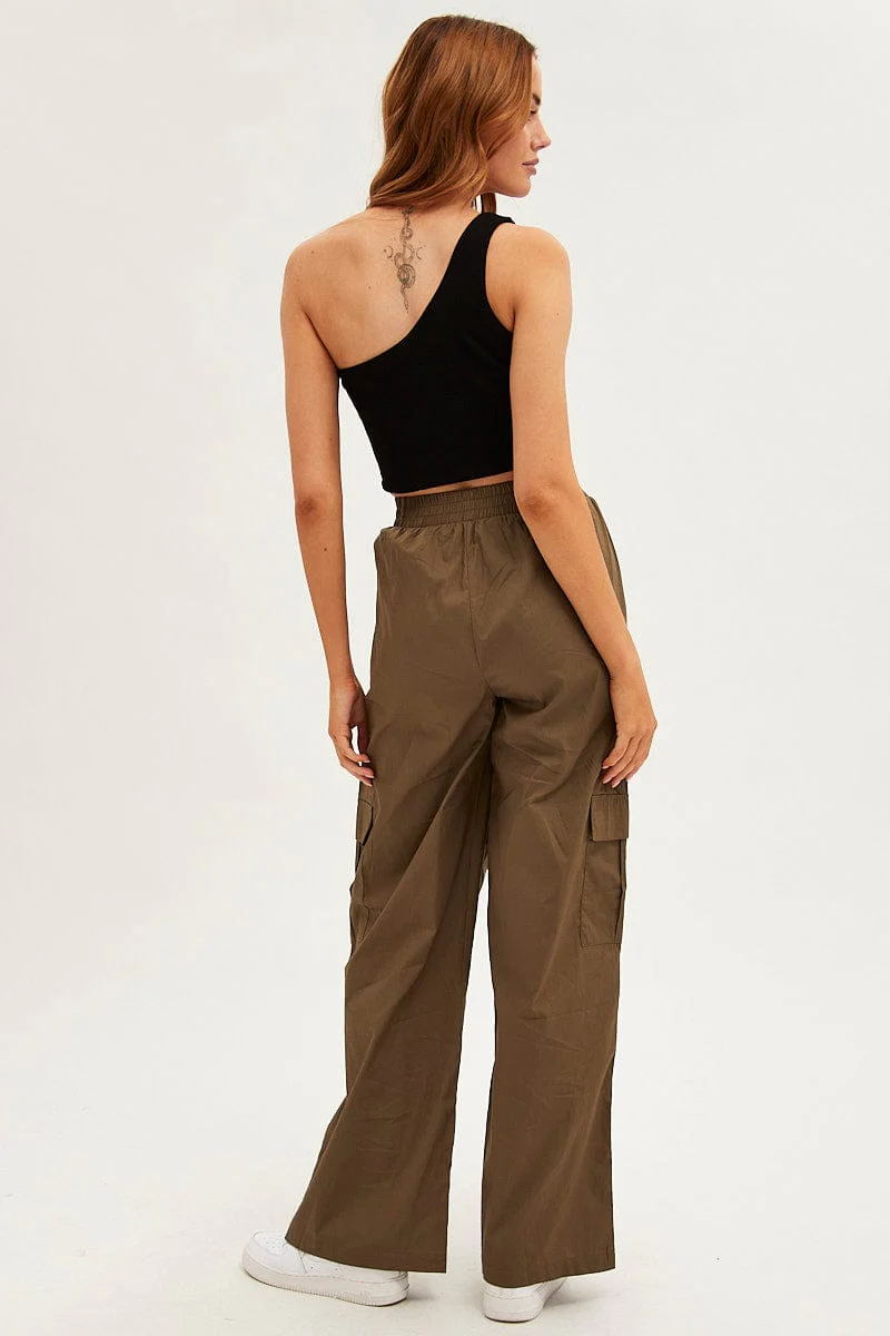 Green Wide Leg Cargo Pants High Rise