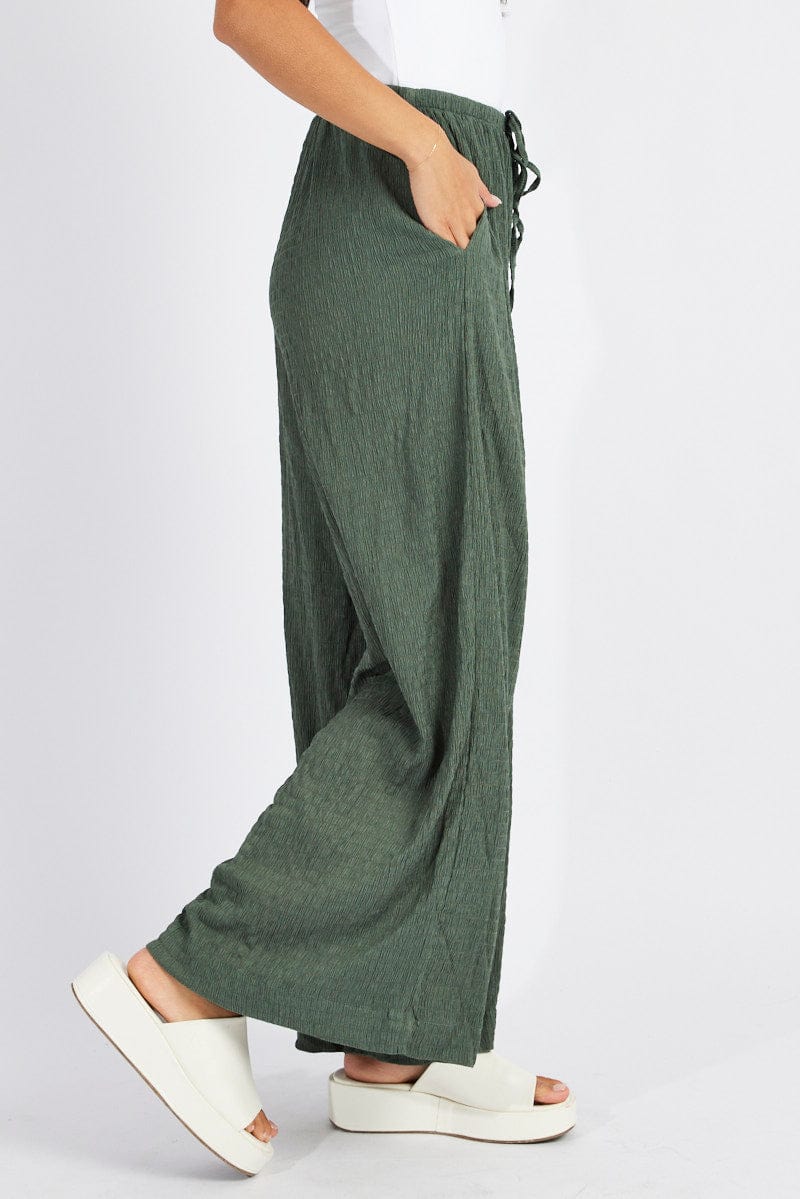 Green Wide Leg Pants High Rise Textured Fabric