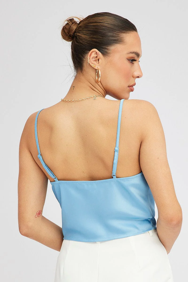 Blue Satin Cami Sleeveless Cowl Neck