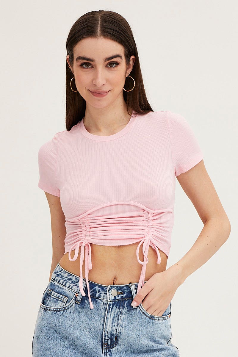 Pink Bust Detail Top Short Sleeve Ruche
