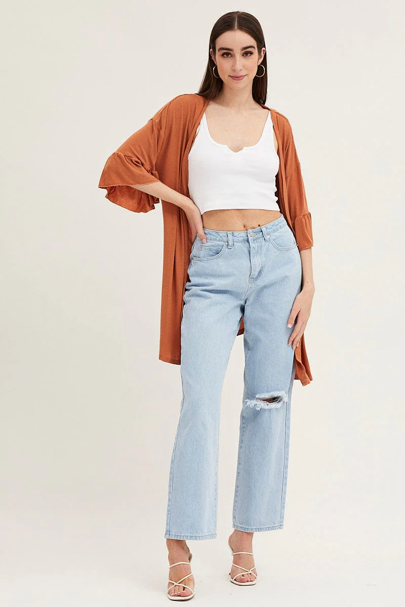 Beige Ruffle Sleeve Longline Cardigan