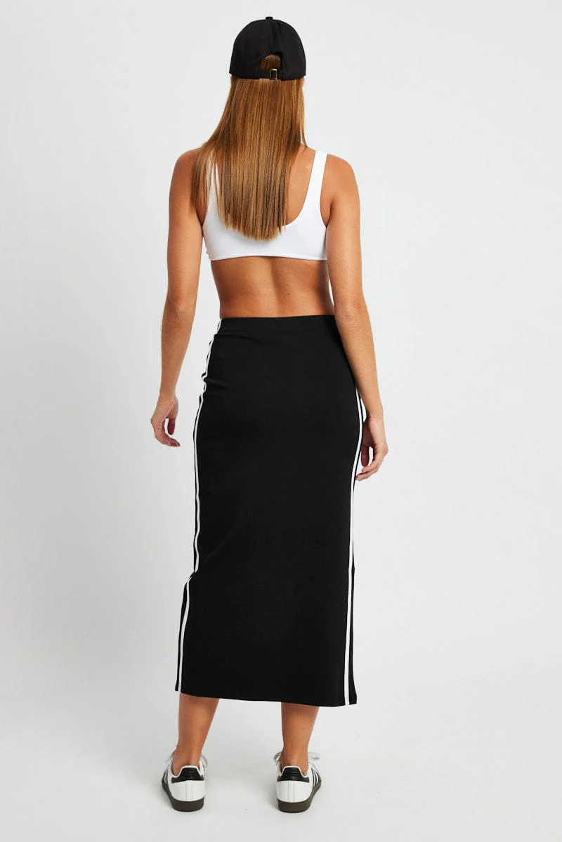 Black Midi Skirt Side Stripe