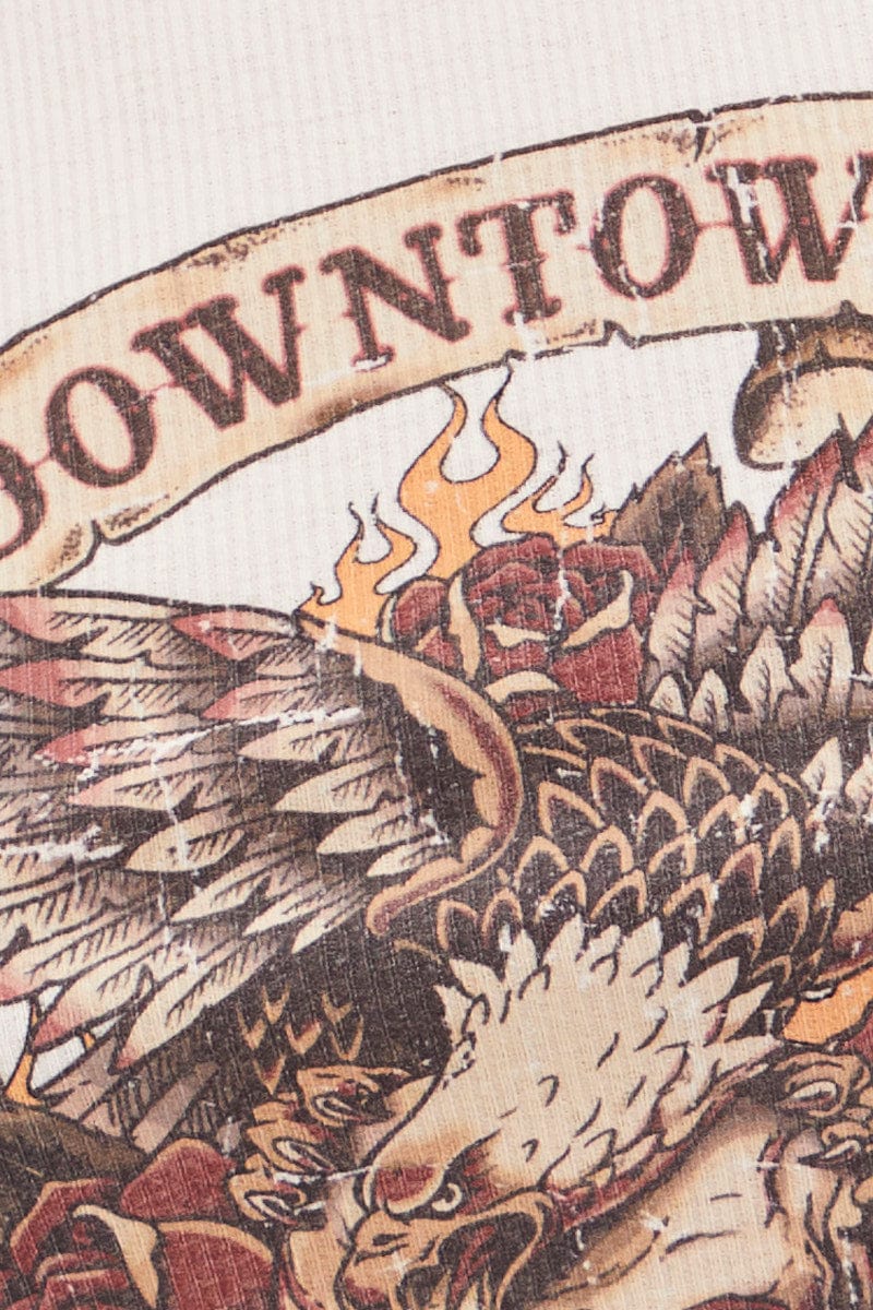 White Tank Top Round Neck Crop Downtown Printed