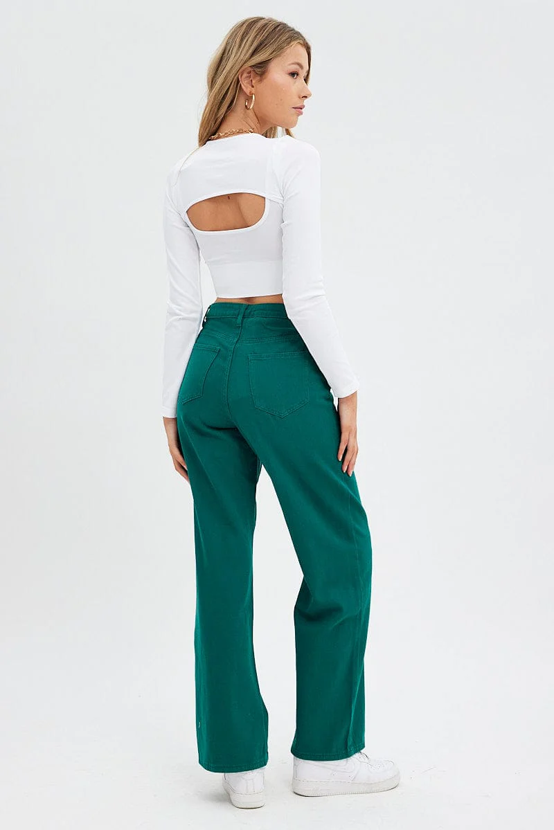 Green Wide Leg Denim Jeans High rise