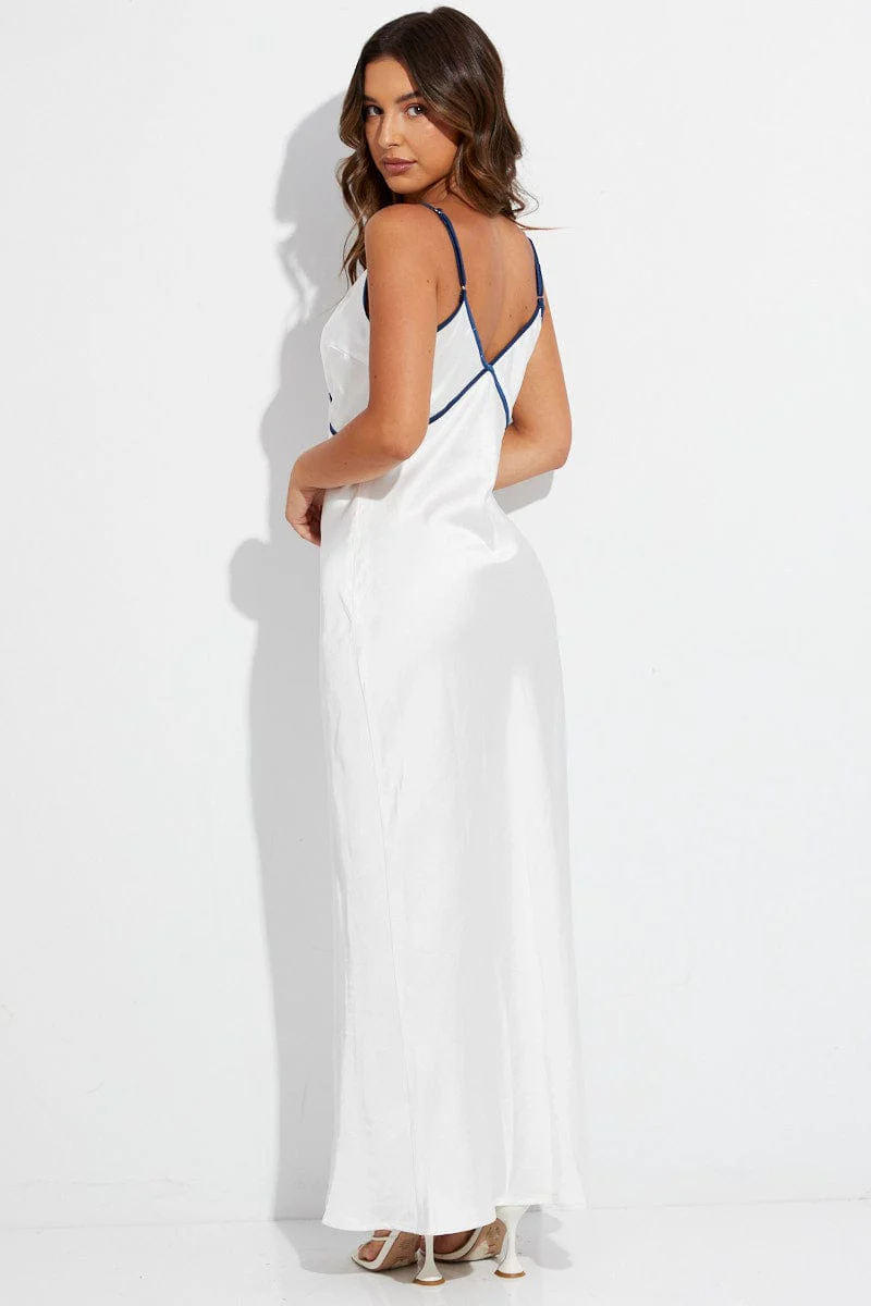 White Maxi Dress V Neck Contrast Binding Details Satin