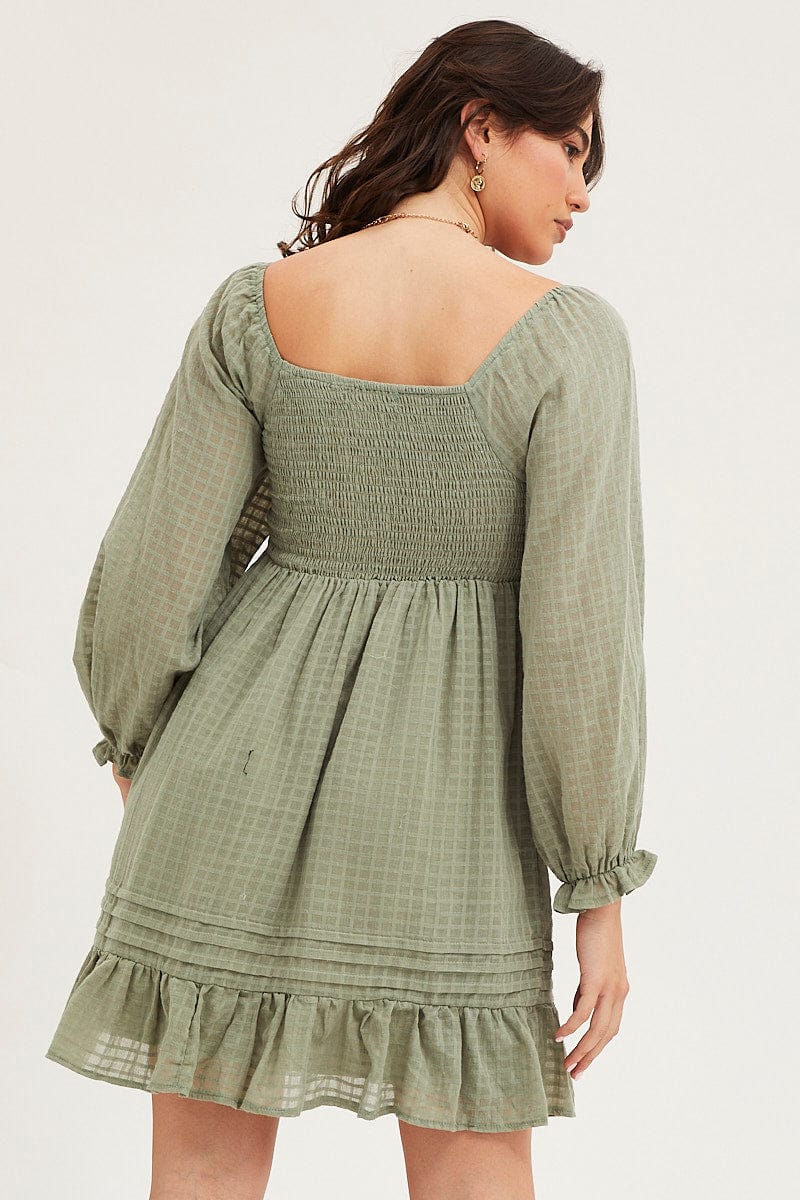 Green Smock Dress Long Sleeve Mini