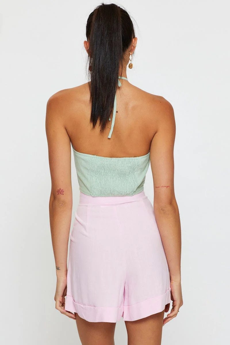 Pink Mini Shorts High Rise Linen Blend