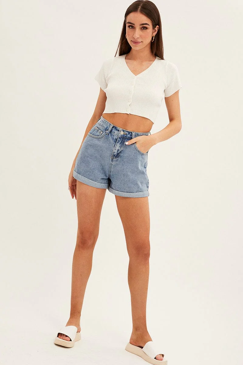 White Short Sleeve Rib Cardigan