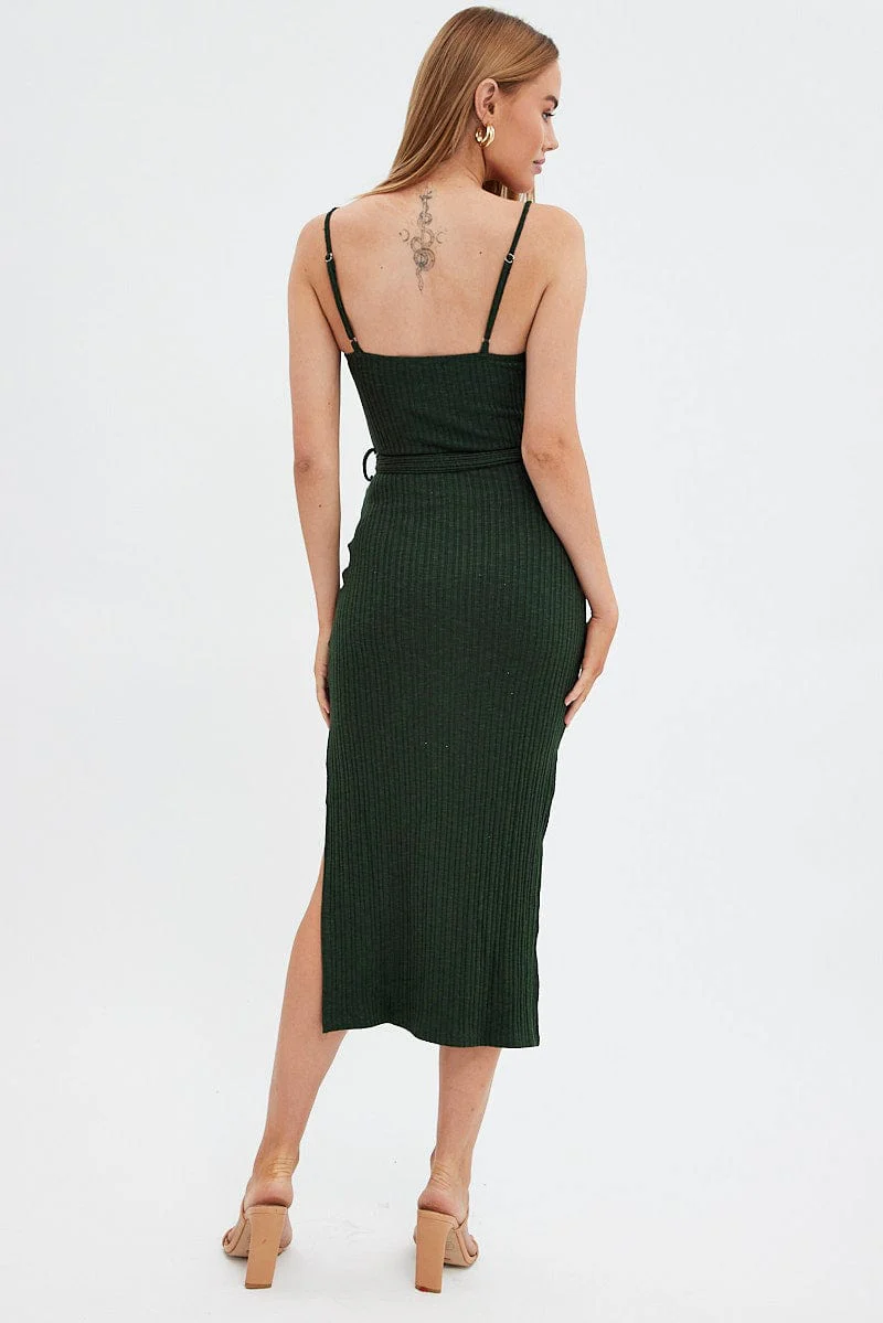 Green Maxi Dress Bodycon Tie Belted Rib