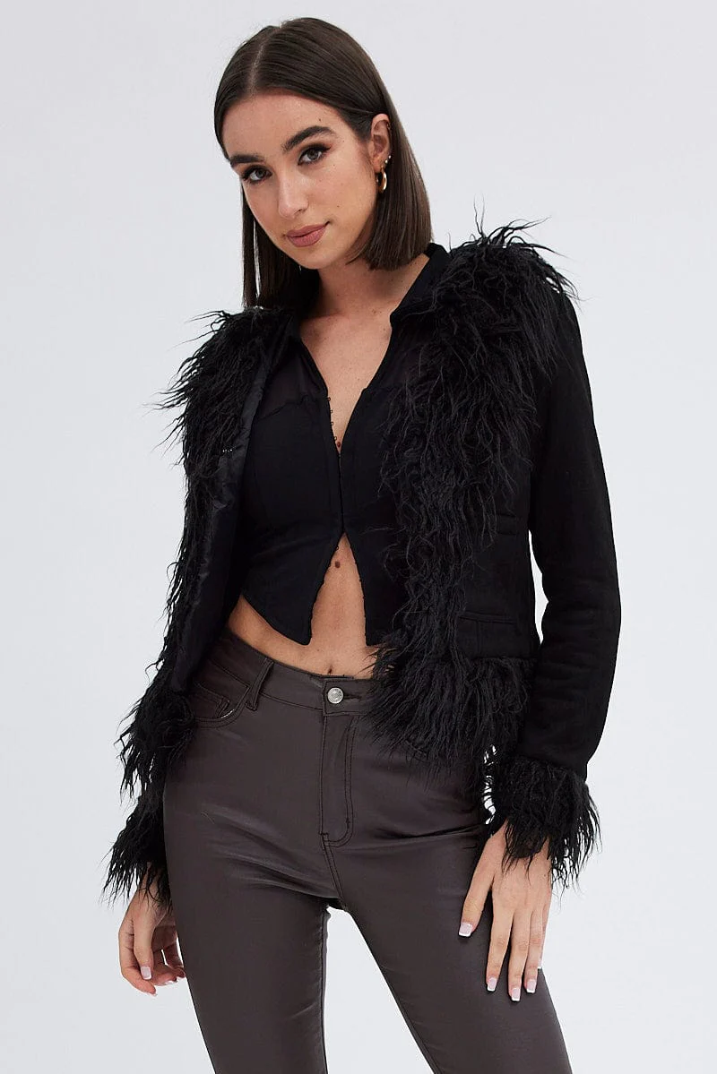 Black Faux Fur Jacket Long Sleeves
