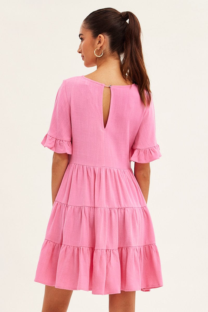 Pink Relaxed Dress Short Sleeve Tiered Linen Blend