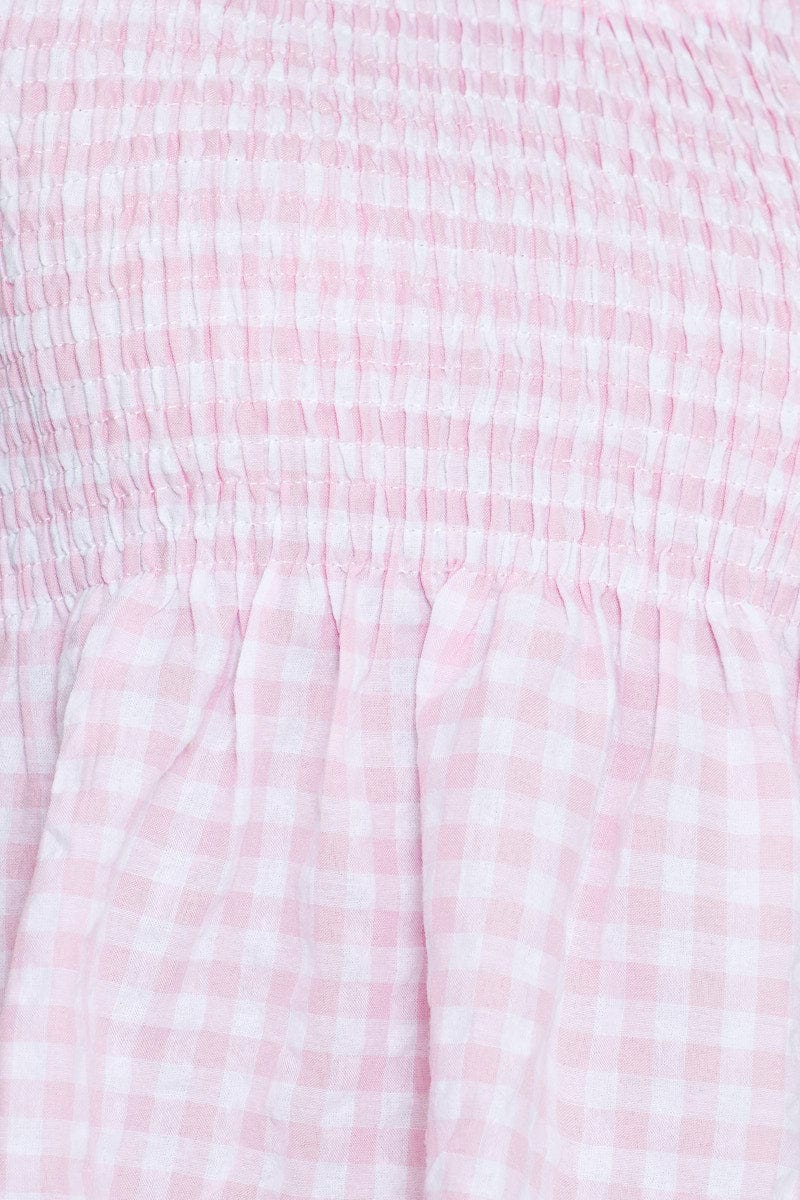 Check Puff Sleeve Top Short Sleeve