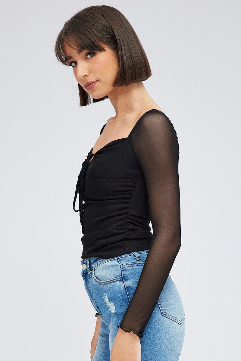 Black Top Long Sleeve Sweetheart Keyhole Ruched Mesh