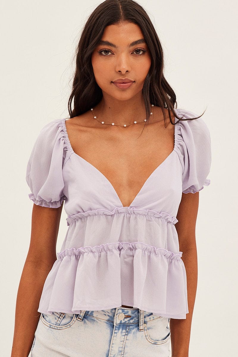 Lilac Ruffle V Neck Puff Sleeve Tiered Top