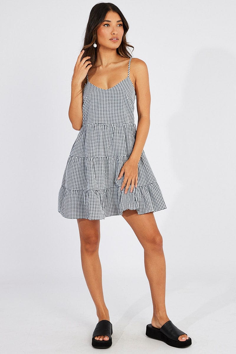 Black Check Fit and Flare Dress Sleeveless Tiered