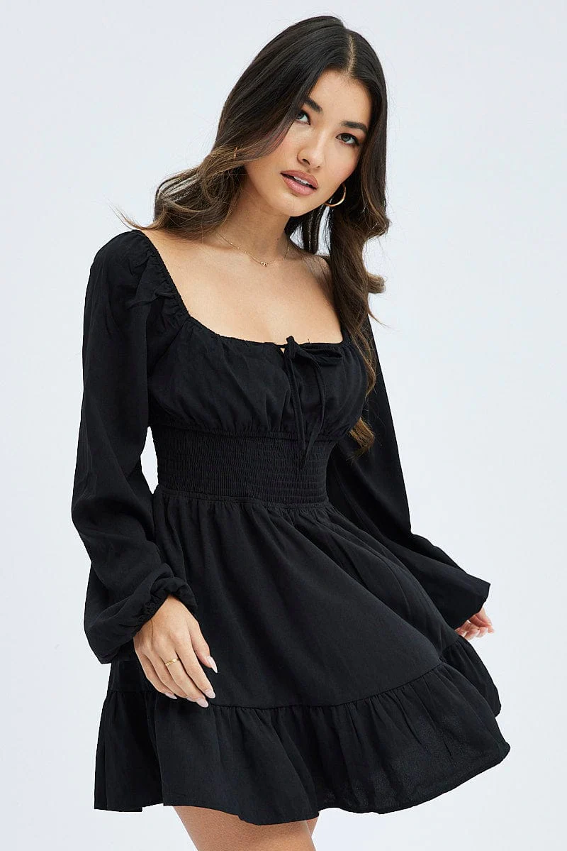 Black Fit and Flare Dress Long Sleeve Ruched Bust