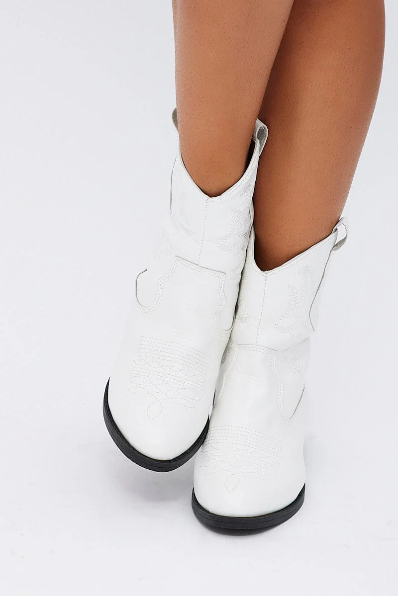 White Western Embroidered Cowboy Ankle Boots