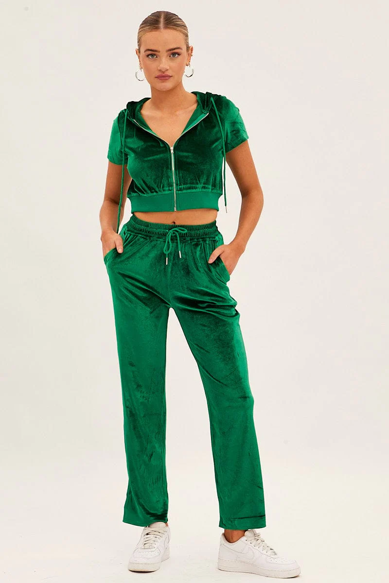 Green Velour Short Sleeve Zip Lounge Hoodie