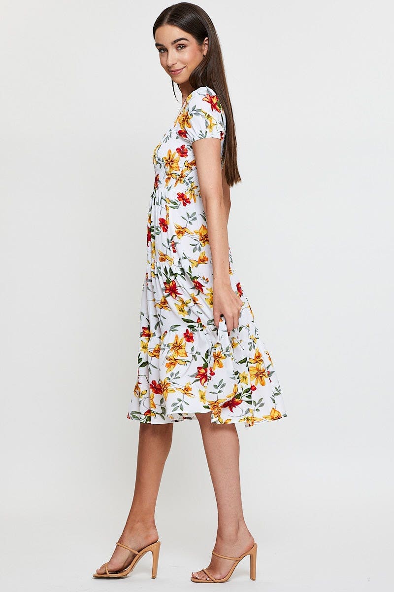 Black Print Midi Dress One Shoulder Short Sleeve