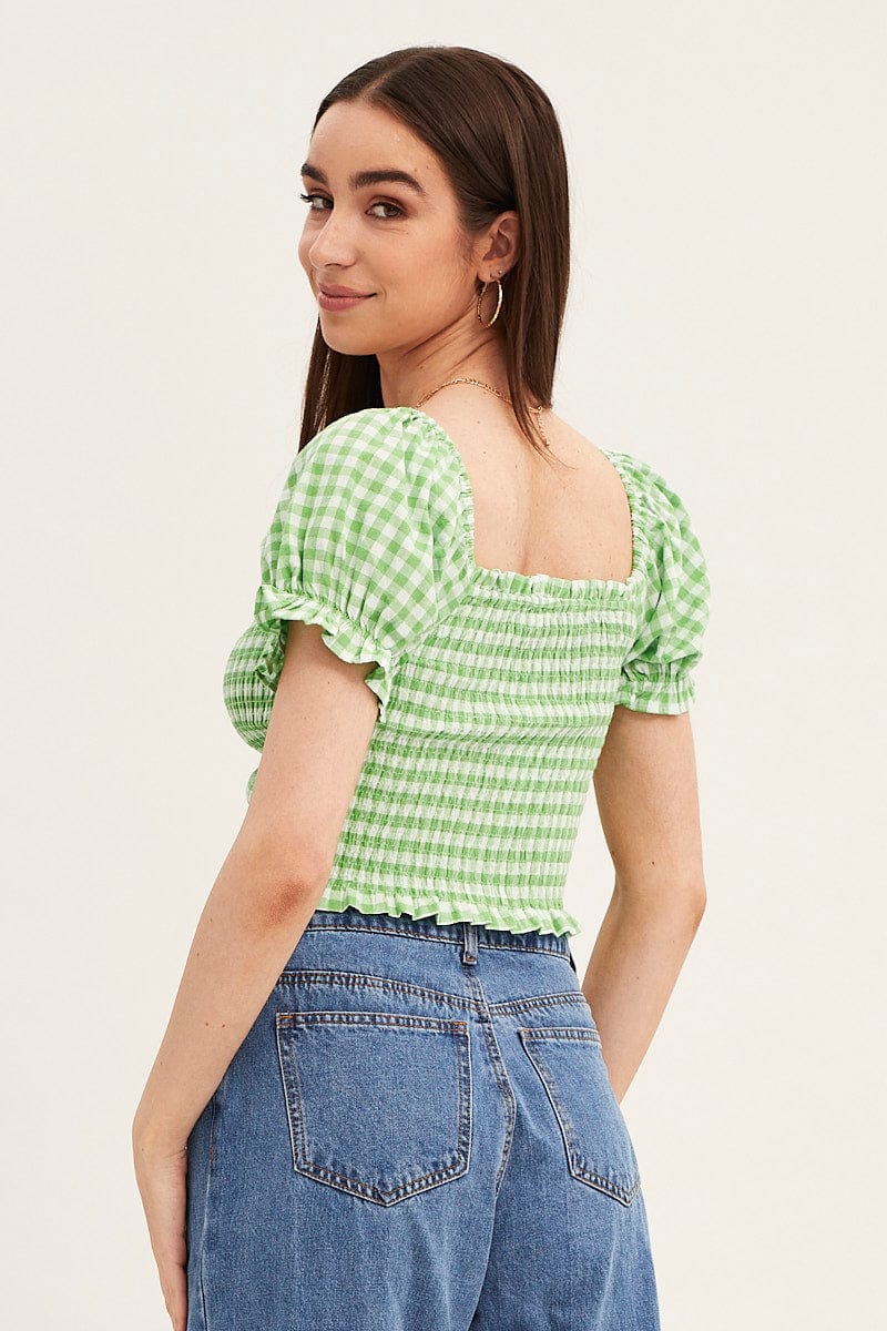 Check Crop Top Short Sleeve Ruched Front