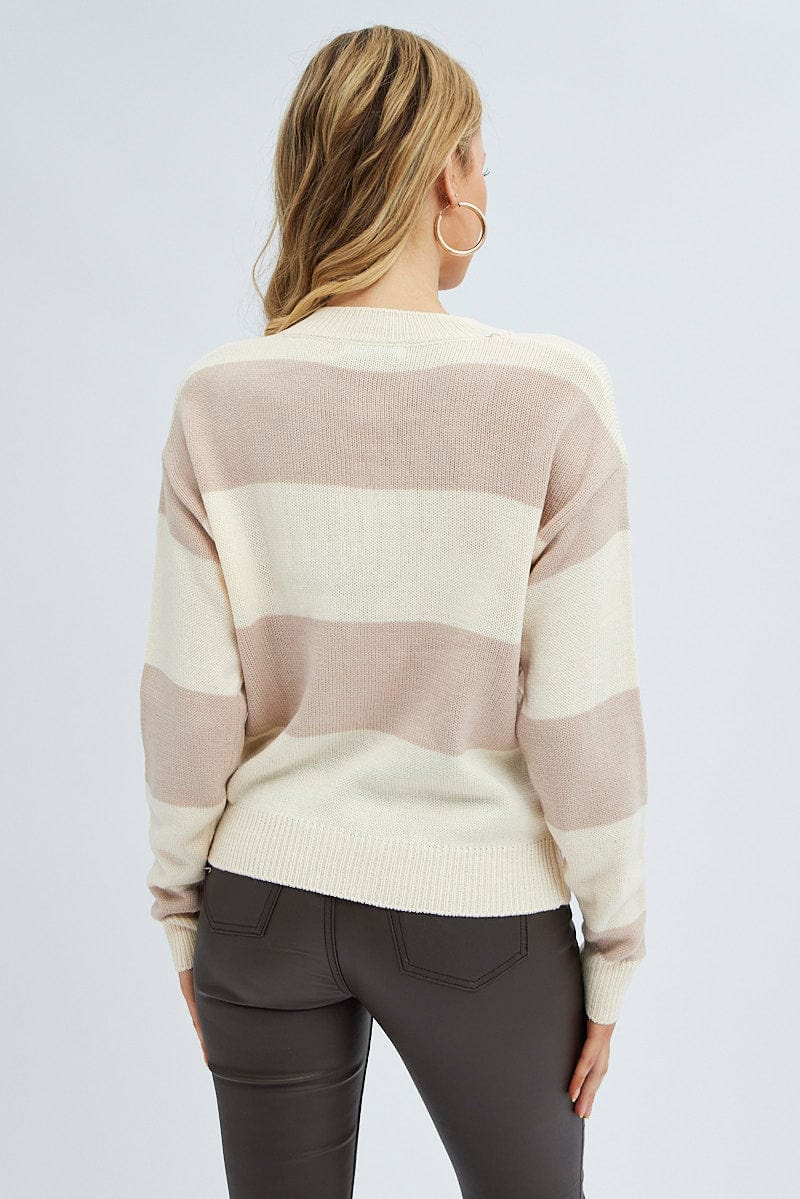 Stripe Knit Top Long Sleeve Round Neck Colour Block