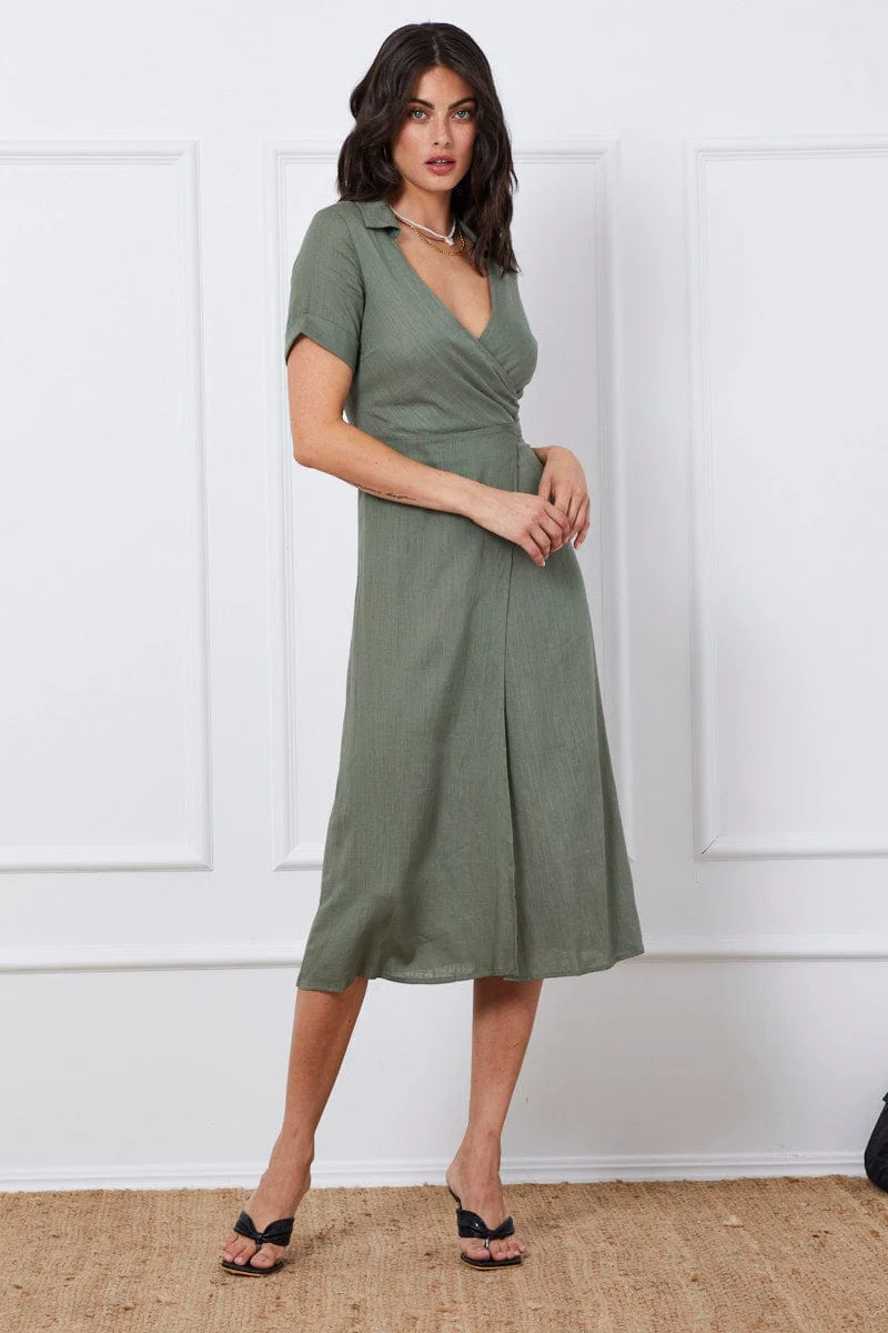 Green Wrap Dress Short Sleeve Maxi
