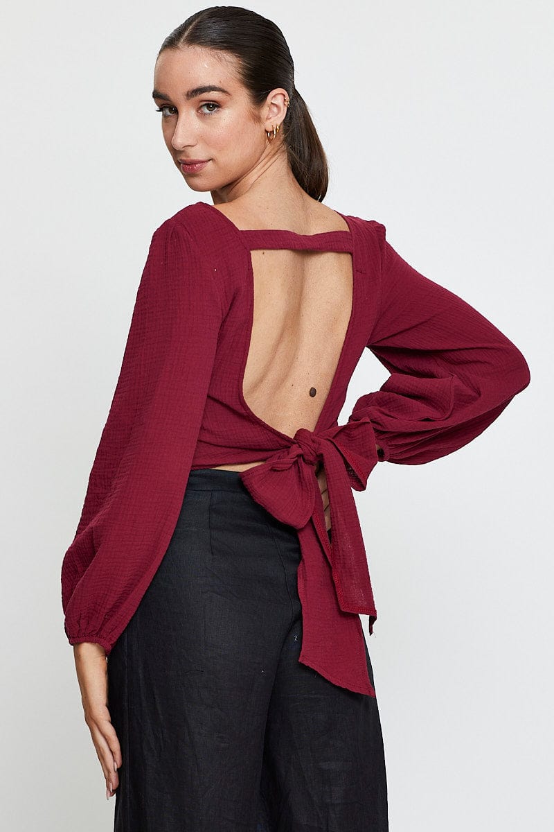 Red Crop Top Long Sleeve Round Neck