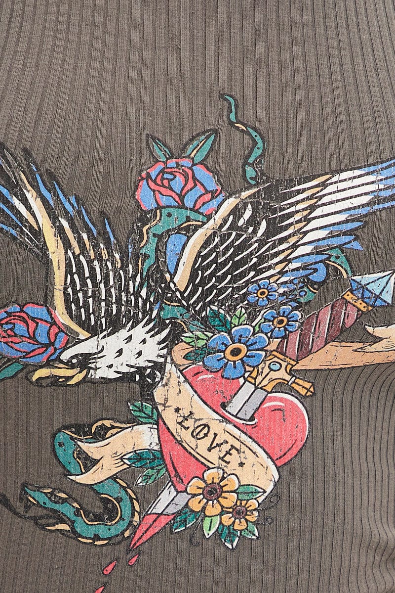 Grey Tank Sleeveless Crew Neck Rib Eagle Graphic