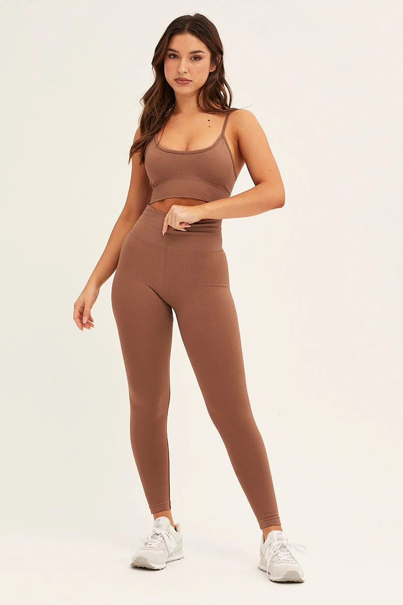 Brown Seamless Activewear Top And Pants Set