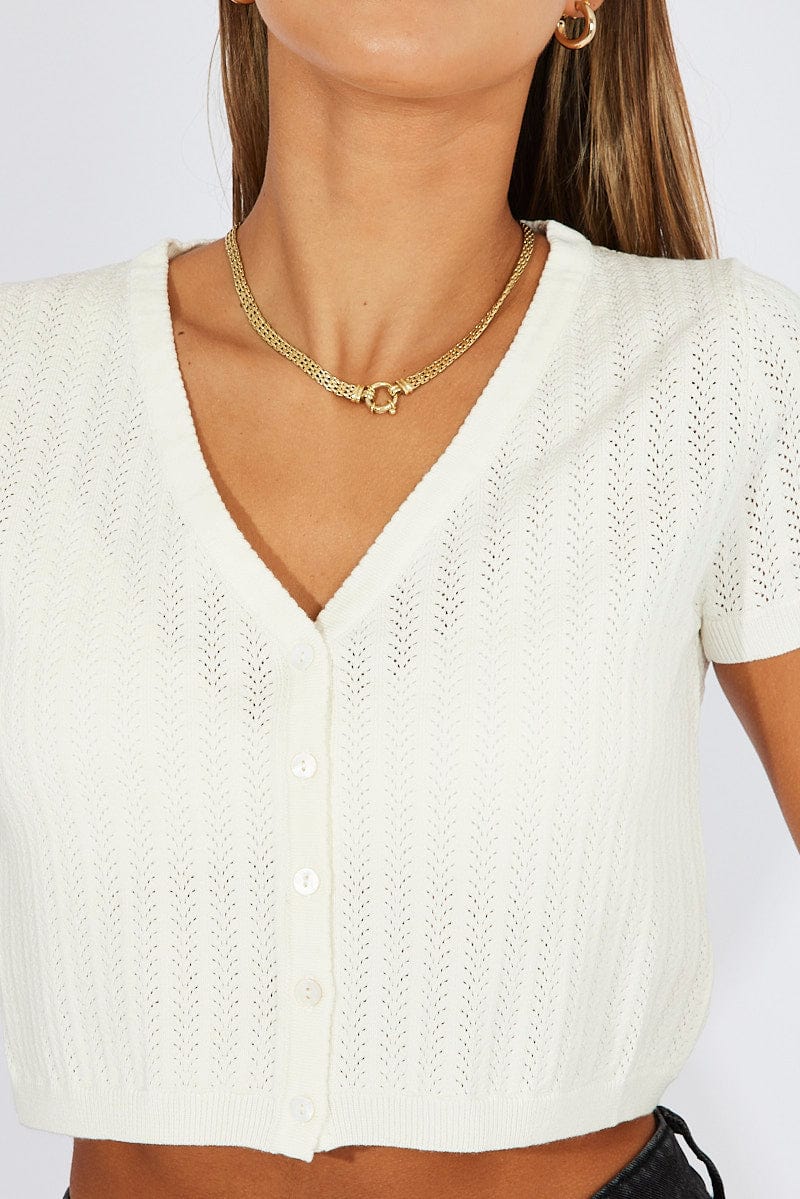 White Knit Cardigan Short Sleeve V Neck