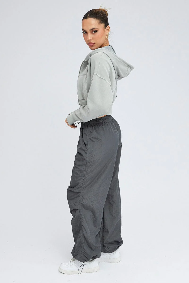 Grey Parachute Cargo Pants Low Rise