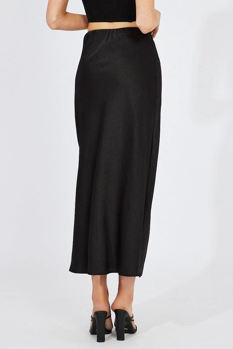 Black Slip Skirt Front Split Satin
