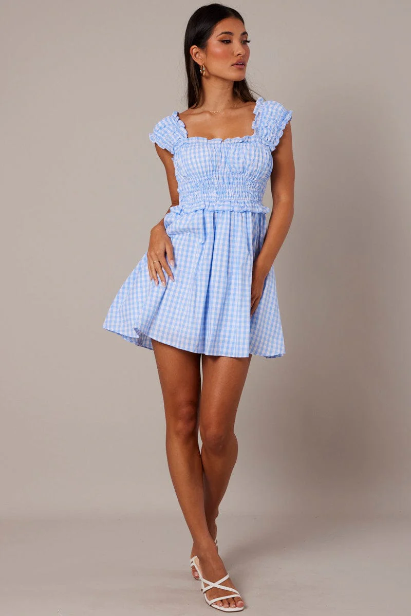 Blue Check Fit And Flare Dress Sleeveless